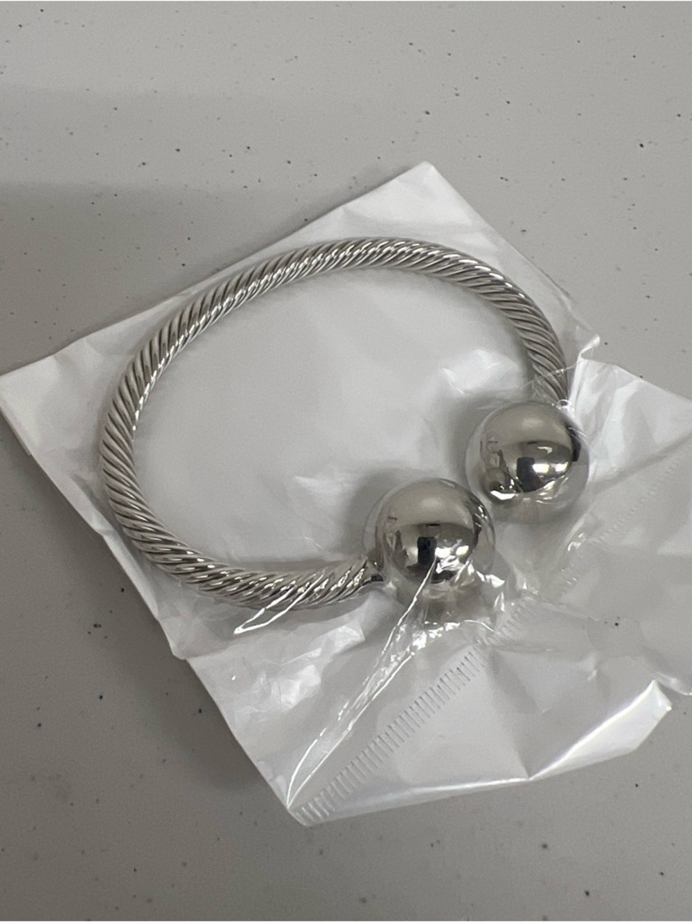 Silver Twist Open Cuff Bracelet with Polished Spheres